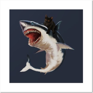 Funny Black Cat Riding a Shark, Cat Lover Posters and Art